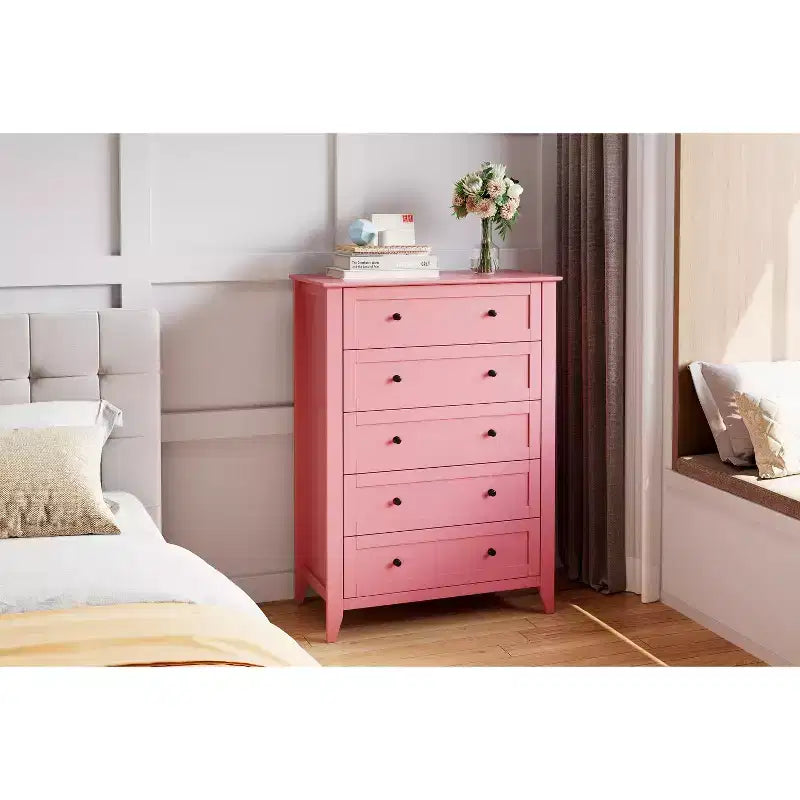 Commode de chambre à 5 tiroirs, hauteur de 42.5 pouces, armoire de rangement en bois avec tiroirs de 11.9 pouces de profondeur et poignées en métal doré, idéale pour l'entrée ou le couloir