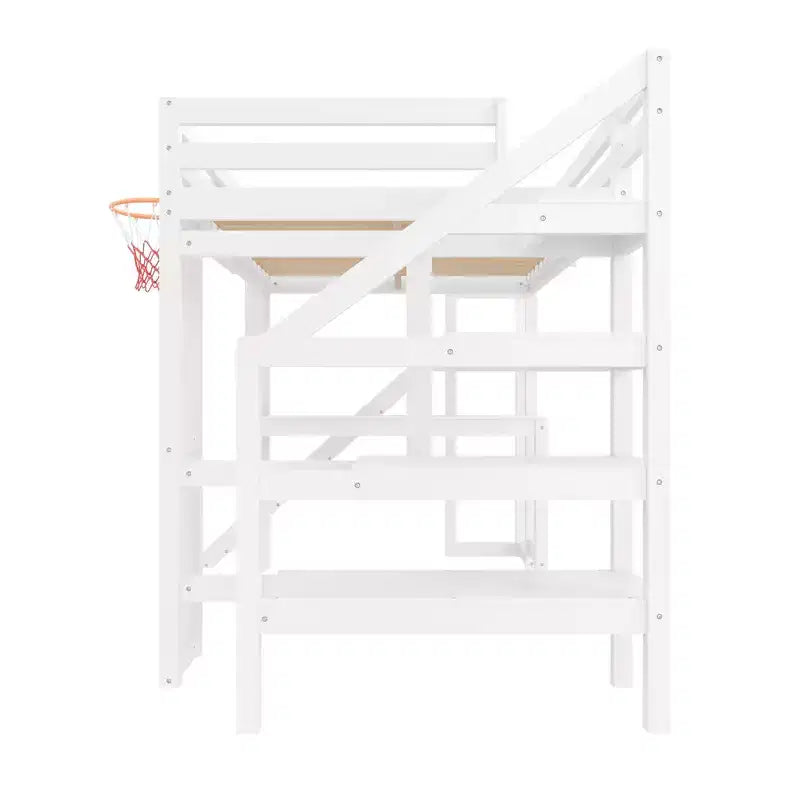 Luxystar großes Hochbett aus Holz mit Schreibtisch, Rutsche, Basketballkorb und Aufbewahrungstreppe für Kinder und Jugendliche