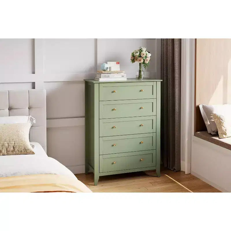 Commode de chambre à 5 tiroirs, hauteur de 42.5 pouces, armoire de rangement en bois avec tiroirs de 11.9 pouces de profondeur et poignées en métal doré, idéale pour l'entrée ou le couloir