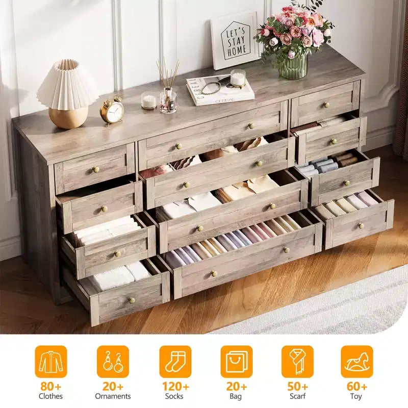 Commode en bois à 12 tiroirs pour chambre, meuble TV moderne et large pour téléviseur de 65 pouces, commode en bois, rangement champêtre pour vêtements dans le salon