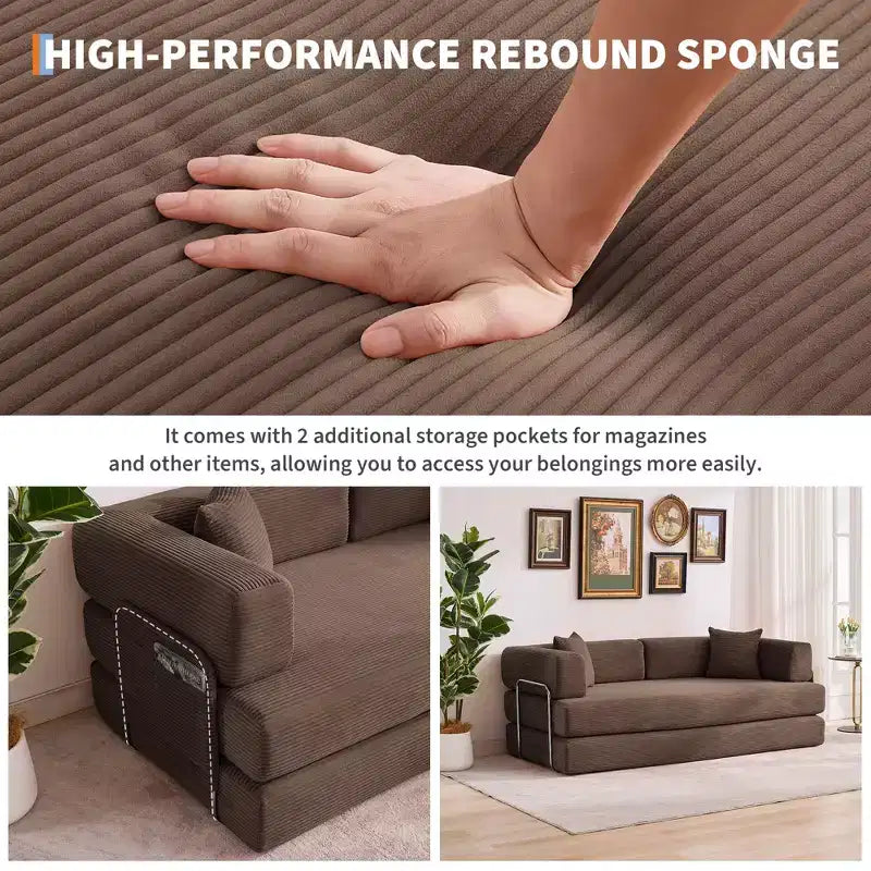 Modernes 79-Futon-Schlafsofa aus Cord für kleine Räume, 5-in-1-Couch mit abnehmbaren Armlehnen und Kissen