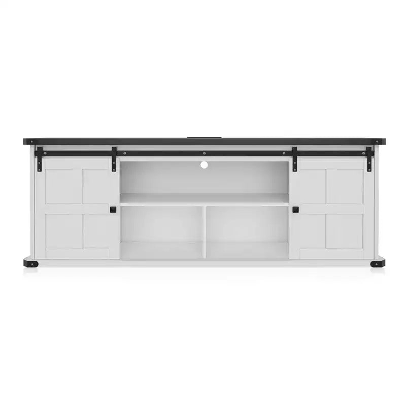 70-TV-Schrank für 75-Zoll-Fernseher, Unterhaltungsmöbel im Landhausstil mit Schiebetüren im Scheunentor-Stil und Stauraumschränken, moderner TV-Medienkonsolentisch