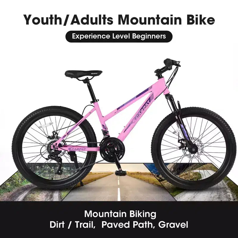 NAYSAYE Bicicletta mountain bike da 26 Inch con cambio a 21 velocità e freni a doppio disco, per adolescenti e donne, rosa, 65*24.8*37.4