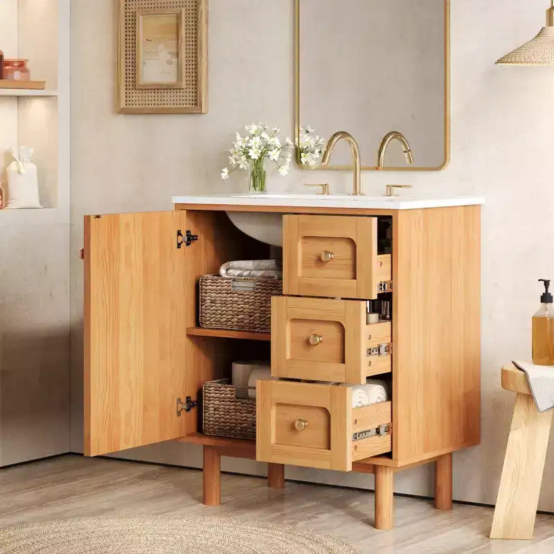 Mobiletto bagno in ceramica JVNOXK da 30 pollici, stile rustico moderno, con 3 cassetti e 1 grande anta a chiusura ammortizzata, mobile contenitore, venatura naturale del legno