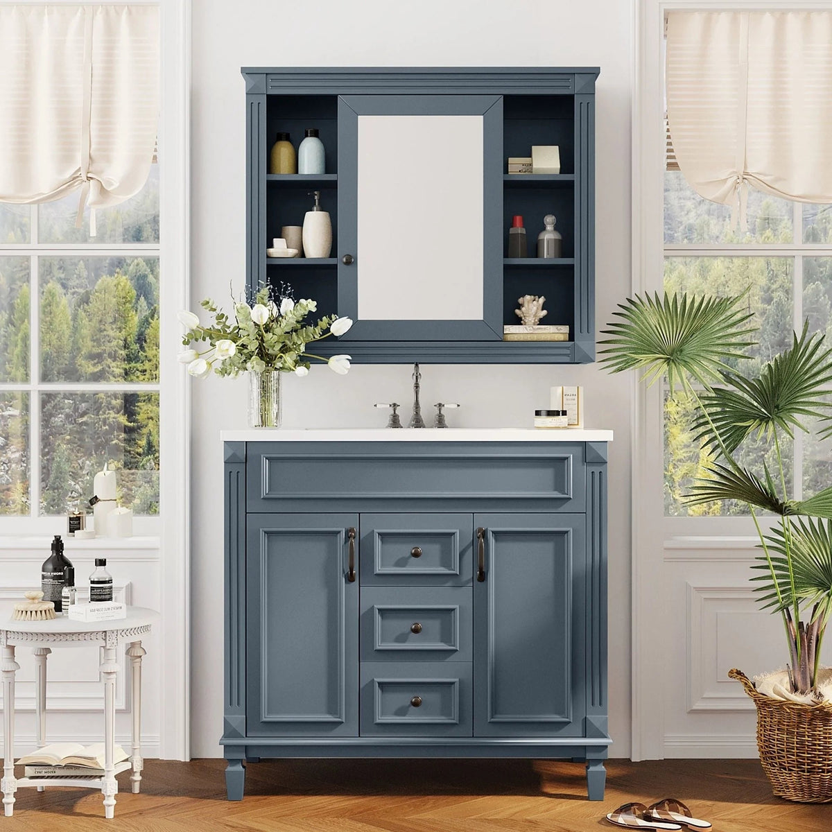 Mobile bagno moderno da 36 con lavabo integrato e specchiera, 2 ante e 2 cassetti