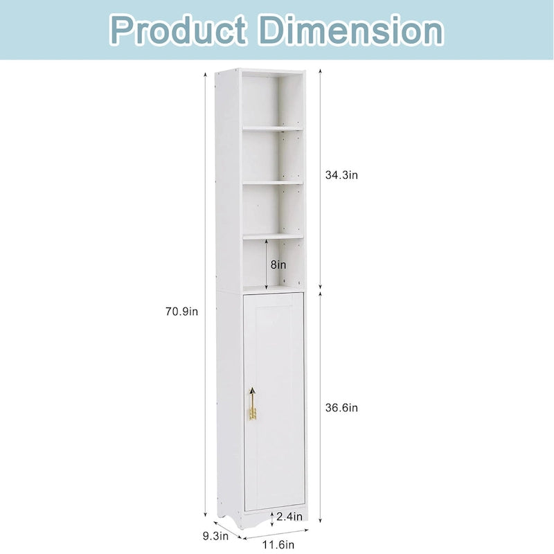 Armoire à linge étroite VECELO de 70.9 pouces de haut pour salle de bains, meuble de rangement autoportant en bois massif à 8 niveaux