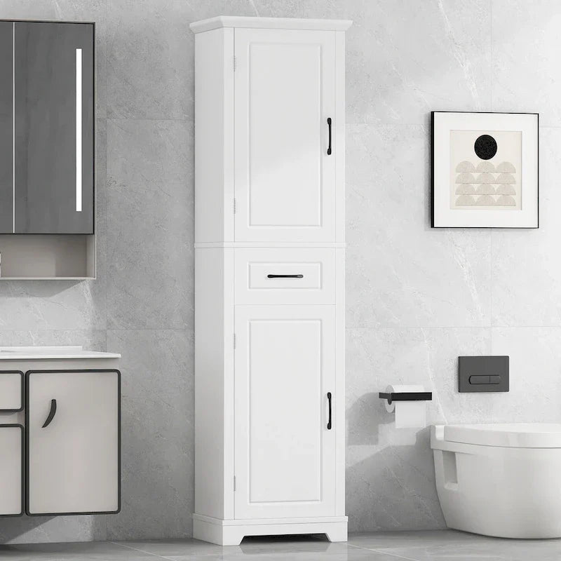 Armoire de salle de bains autoportante à 2 portes, étagères réglables et rangement dans les portes, rangement haut pour salle de bains