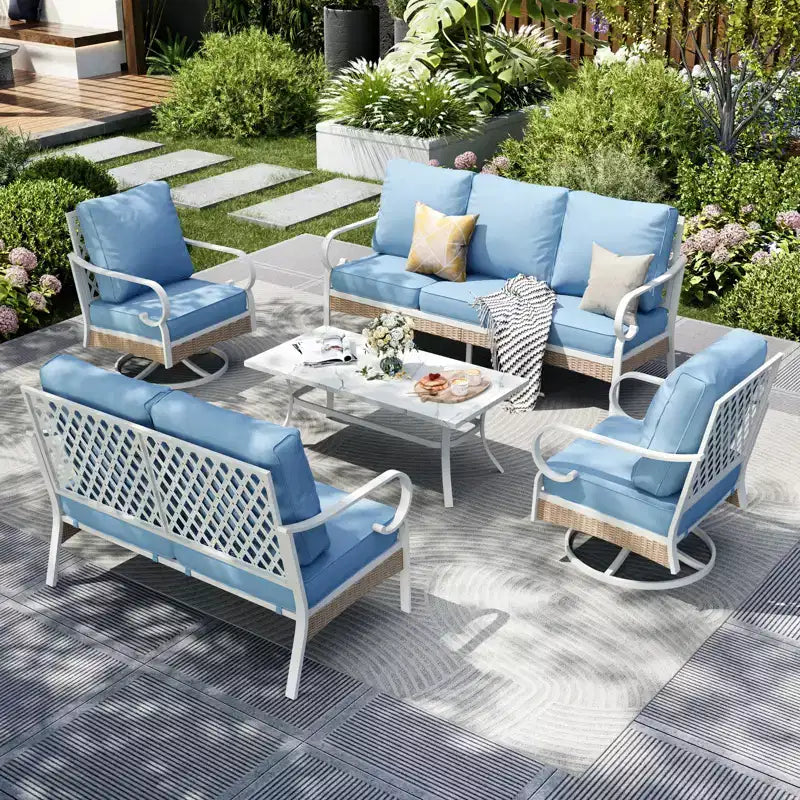 Captiva Designs 5-teiliges extra großes Outdoor-Lounge-Set aus Metall und Rattan mit Drehstühlen mit Gitterlehne und Zweisitzer