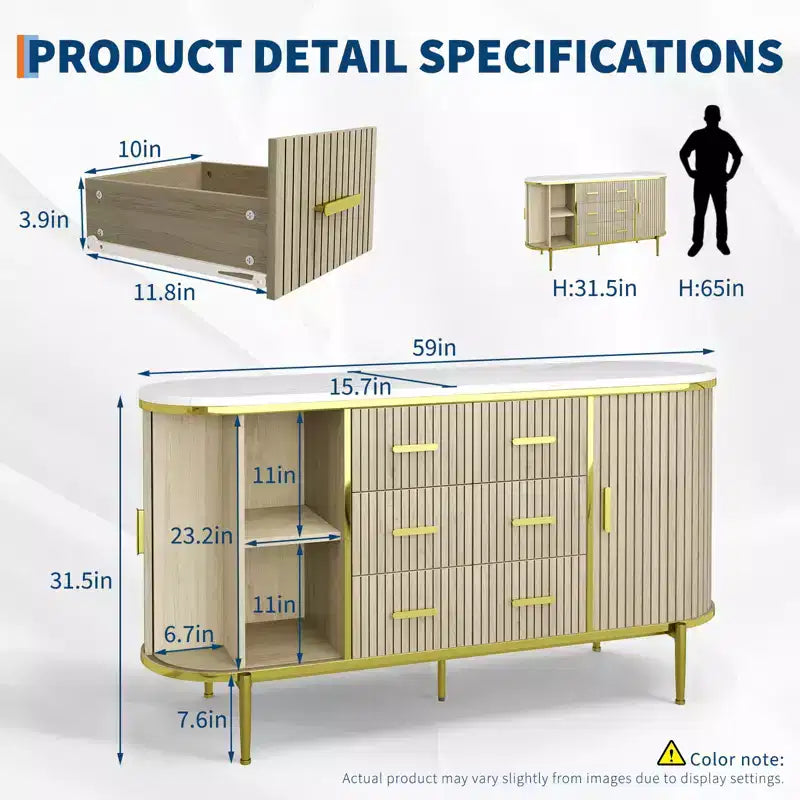 Credenza rustica da fattoria scanalata da 59in, mobile porta TV e consolle multimediale con 6 cassetti e 2 ante scorrevoli, versatile mobile contenitore per soggiorno