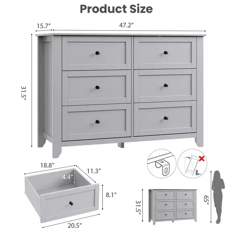 Kommode mit 6 Schubladen fürs Schlafzimmer, große Kommode mit tiefen Schubladen und Metallgriffen, moderne Holzkommode für Eingangsbereich und Flur