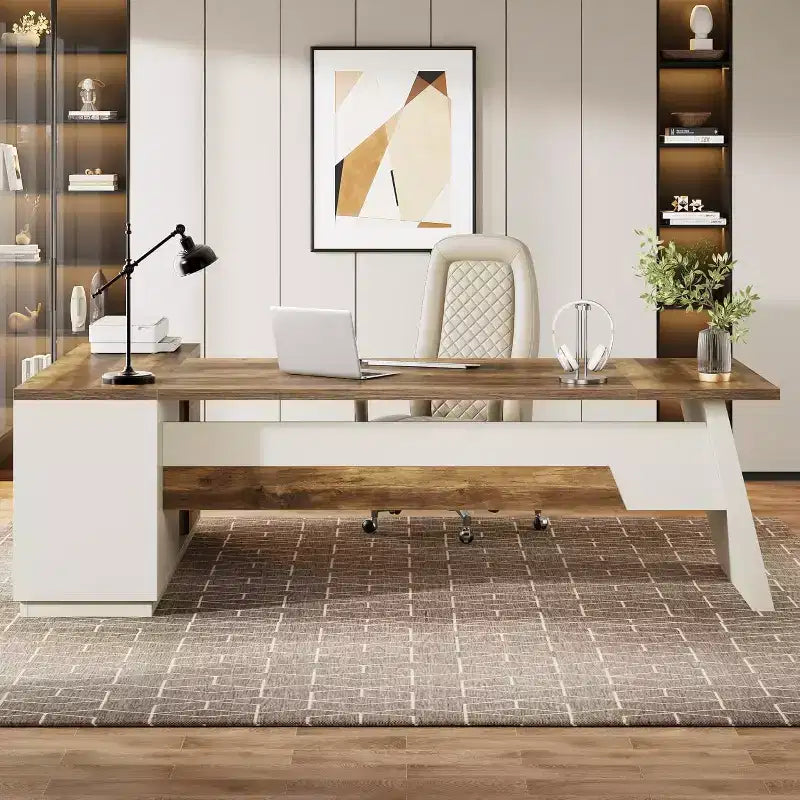 Moderner Lantine-Chefschreibtisch in L-Form, 78 L, mit Schubladen und seitlichem Aktenschrank