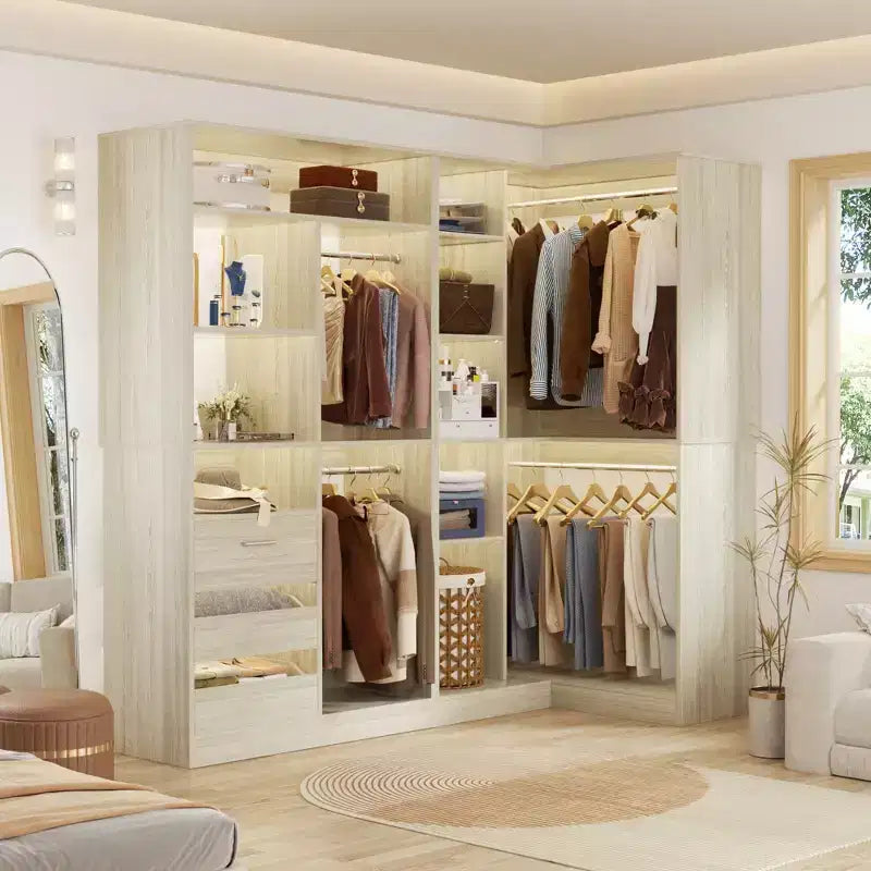 Besiost Set aus 2 Eck-Kleiderschranksystemen mit Regaltürmen, freistehender Kleiderschrank-Organizer mit Schubladen