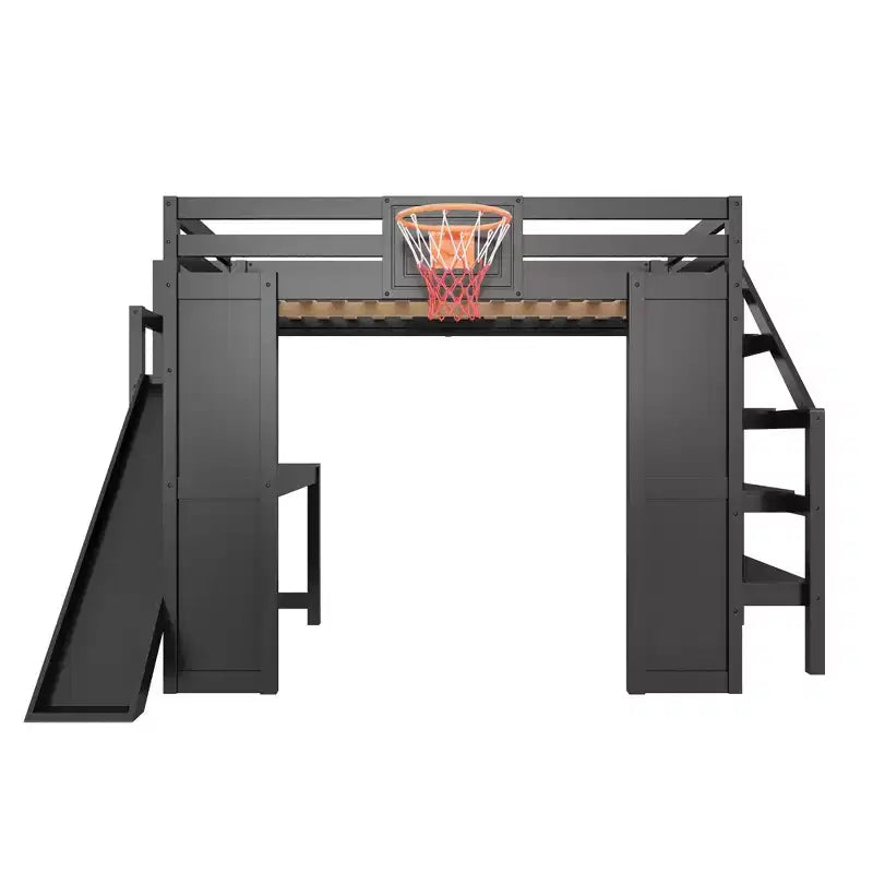 Luxystar großes Hochbett aus Holz mit Schreibtisch, Rutsche, Basketballkorb und Aufbewahrungstreppe für Kinder und Jugendliche