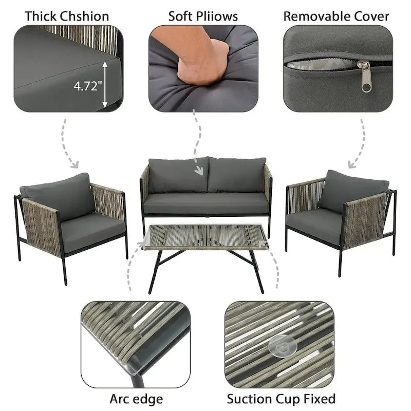 Ensemble de patio extérieur en corde, 4 pièces pour 4 personnes, avec coussins et table en verre