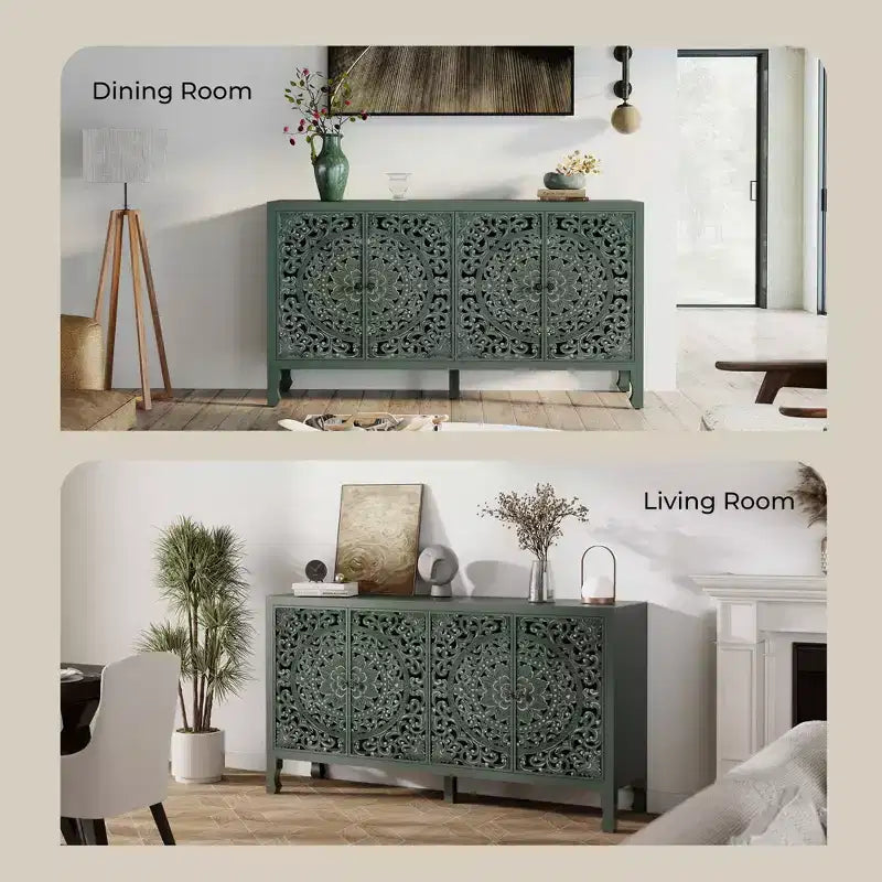 Credenza con contenitore, mobile contenitore dall'aspetto vissuto con 4 ante intagliate e ripiano regolabile, credenza decorativa in legno