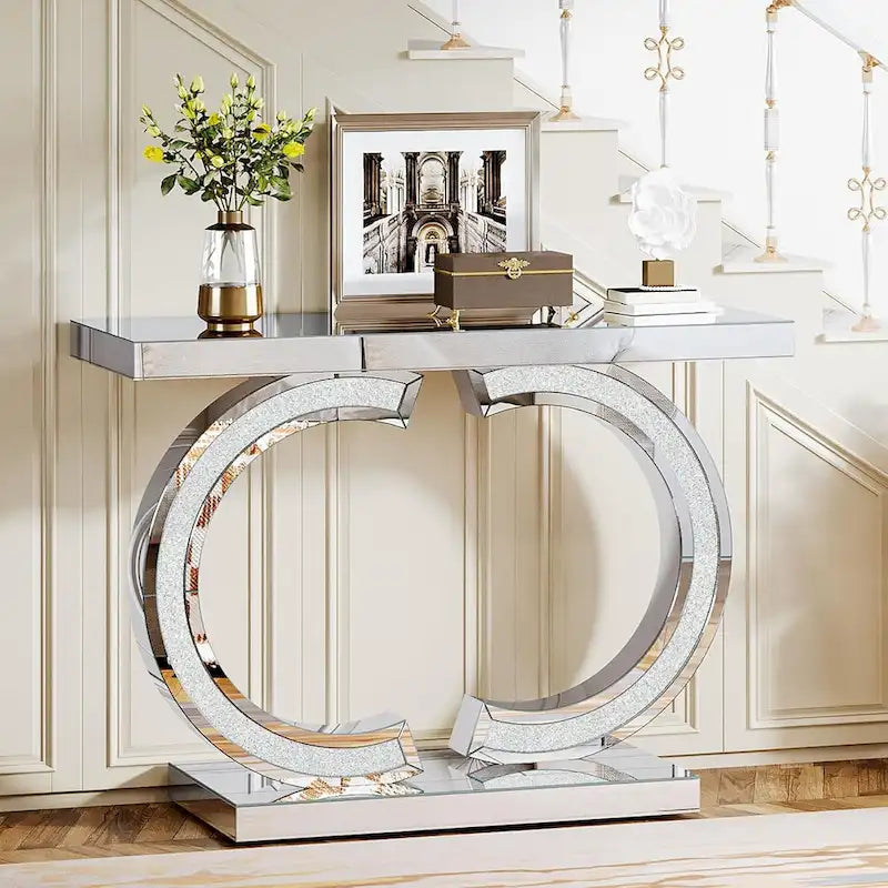 Console argentée, table d’entrée avec miroir de 39 pour l’entrée