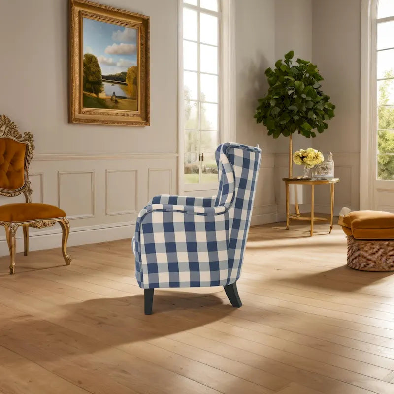 Moderne retro fauteuil met hoge rugleuning van 30.25 en houten poten voor de woonkamer