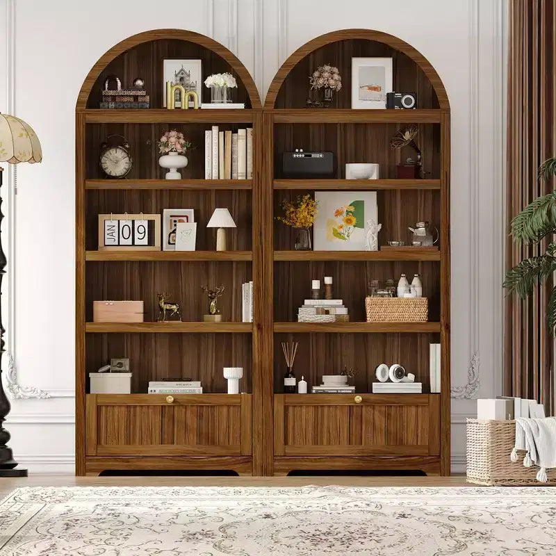 72 Zoll hohes, bogenförmiges Bücherregal mit Schublade, moderner 6-stufiger Holzschrank mit offenen Ablagen und unterer Schublade, geschwungene Schranktür