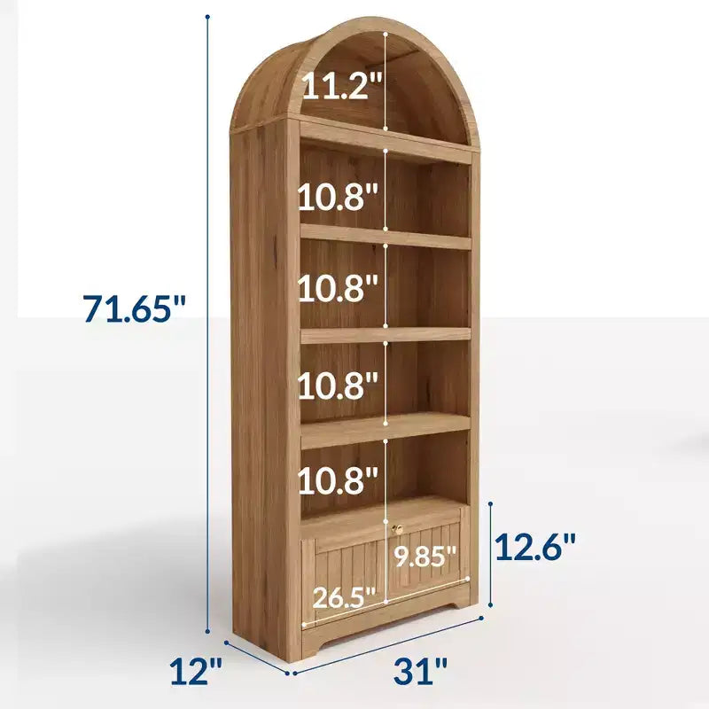 72 Zoll hohes, bogenförmiges Bücherregal mit Schublade, moderner 6-stufiger Holzschrank mit offenen Ablagen und unterer Schublade, geschwungene Schranktür