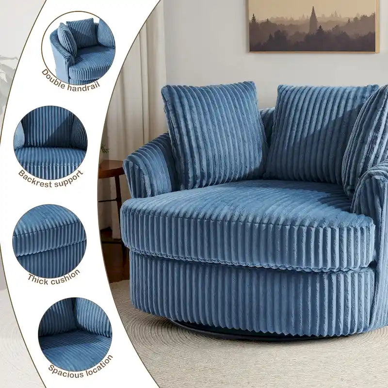 Fauteuil tonneau pivotant surdimensionné en velours côtelé moelleux, accoudoirs rentrés, 43 W