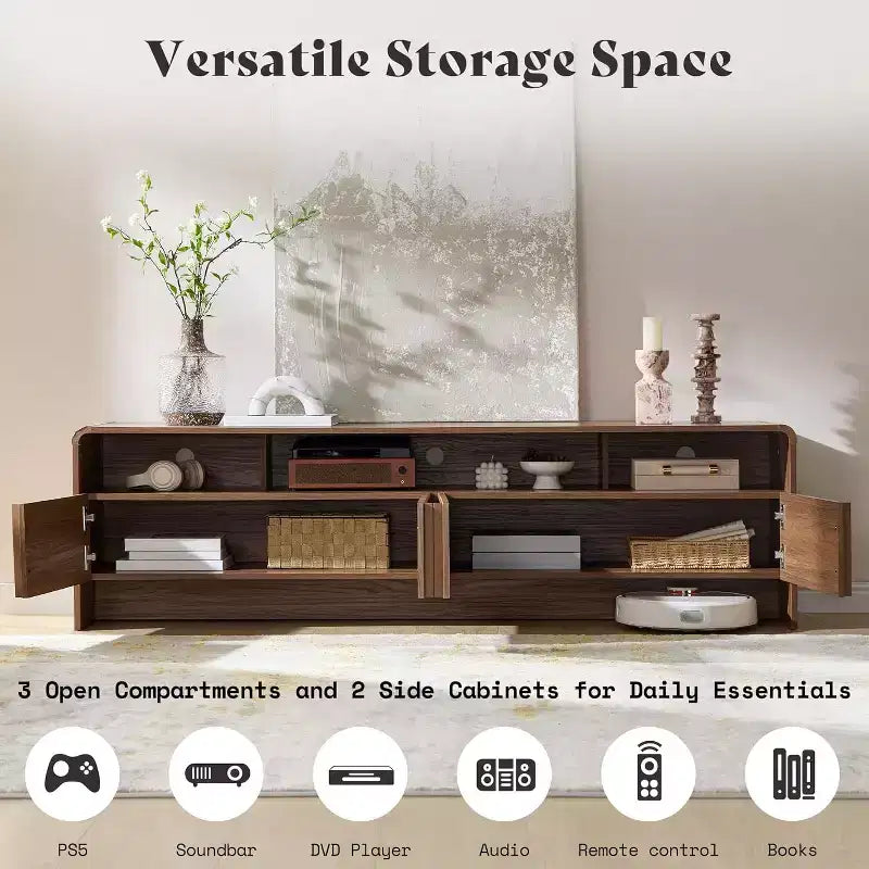 AMERLIFE Meuble TV moderne de 70 au design cannelé avec placards de rangement, pour téléviseurs jusqu'à 80, meuble de divertissement en bois, console multimédia pour le salon
