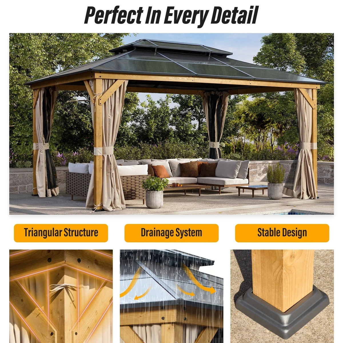 EROMMY hardtop-paviljoen, pergola voor buiten met dubbel dak, netten en gordijnen, extra stevig zonnescherm voor terras, achtertuin en zwembadfeest