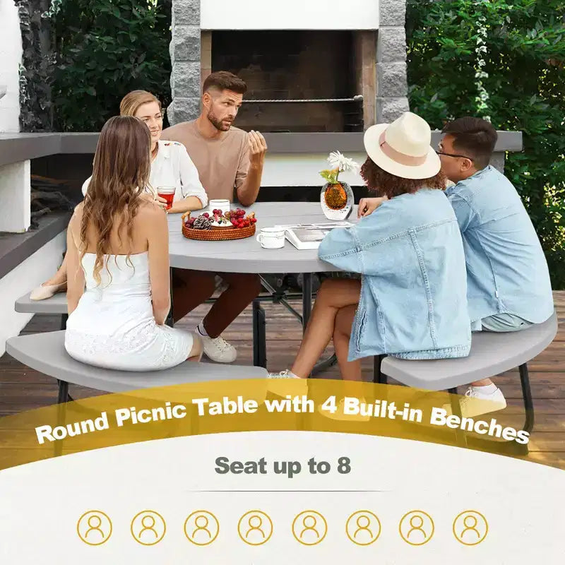 Costway Rundes Picknicktisch-Bank-Set für 8 Personen für den Außenbereich, mit 4 Bänken und Schirmloch, Schwarz/Grau/Grün/Weiß