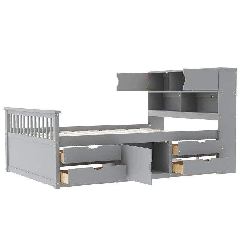 Letto a piattaforma Captain singolo/matrimoniale con 4 cassetti e ripiani contenitori, struttura in legno massello con testiera libreria contenitore