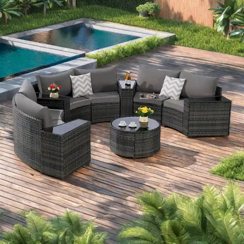 Ensemble de canapé modulaire d’extérieur semi-circulaire de 11 pièces avec table basse en verre trempé et 4 tables d’appoint