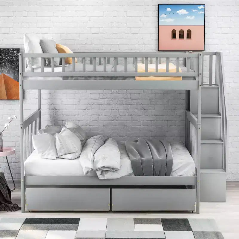 Stapelbed met twee tweepersoonsbedden, twee opberglades en opbergplanken, voor de slaapkamer van kinderen, tieners en volwassenen