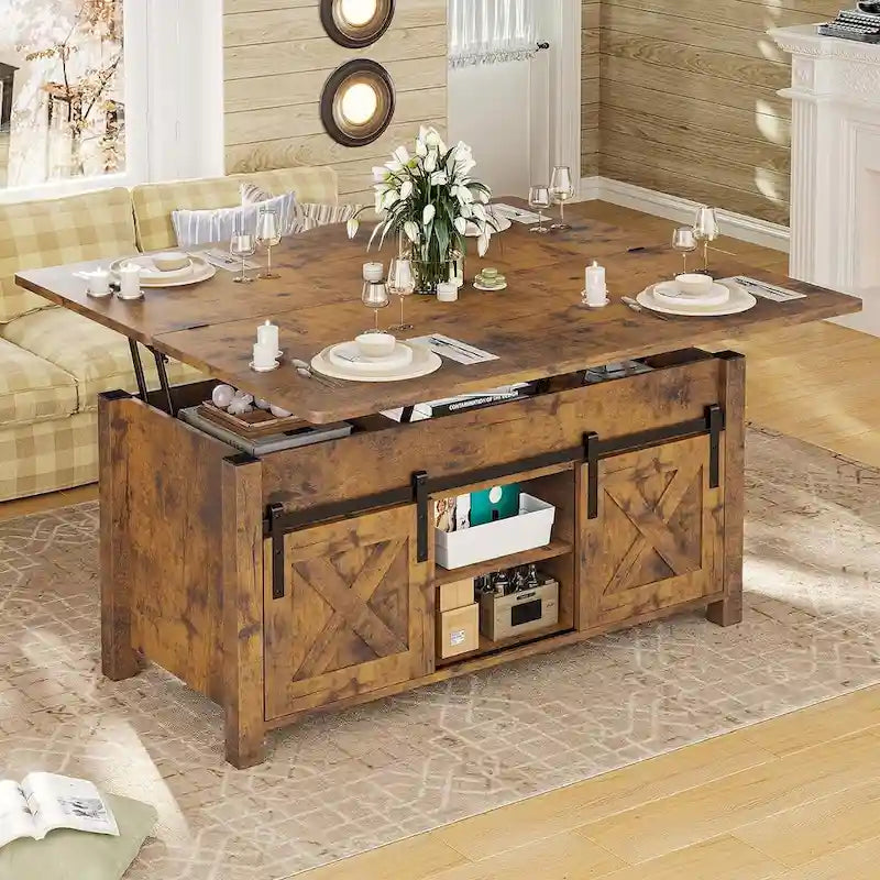Table basse relevable avec 2 portes coulissantes de style grange, rangement et table à manger