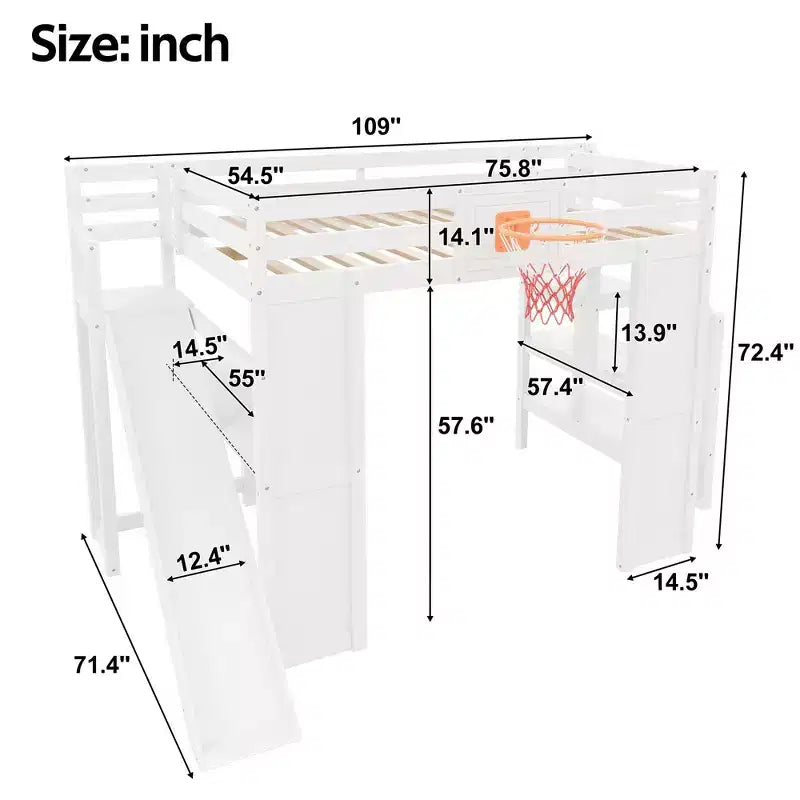 Luxystar großes Hochbett aus Holz mit Schreibtisch, Rutsche, Basketballkorb und Aufbewahrungstreppe für Kinder und Jugendliche