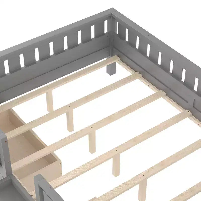 Lit pour enfant Bellemave format queen avec 14 barrières de sécurité, cadre de lit compact avec bibliothèque intégrée et 2 tiroirs de rangement sous le lit