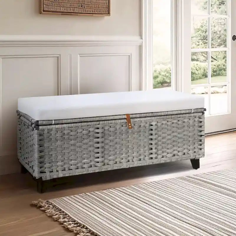 Aufbewahrungsbank aus Korbgeflecht mit Kissen für Schlafzimmer, Wohnzimmer oder Veranda - 18.5 H X 43.3 W X 18.5 D