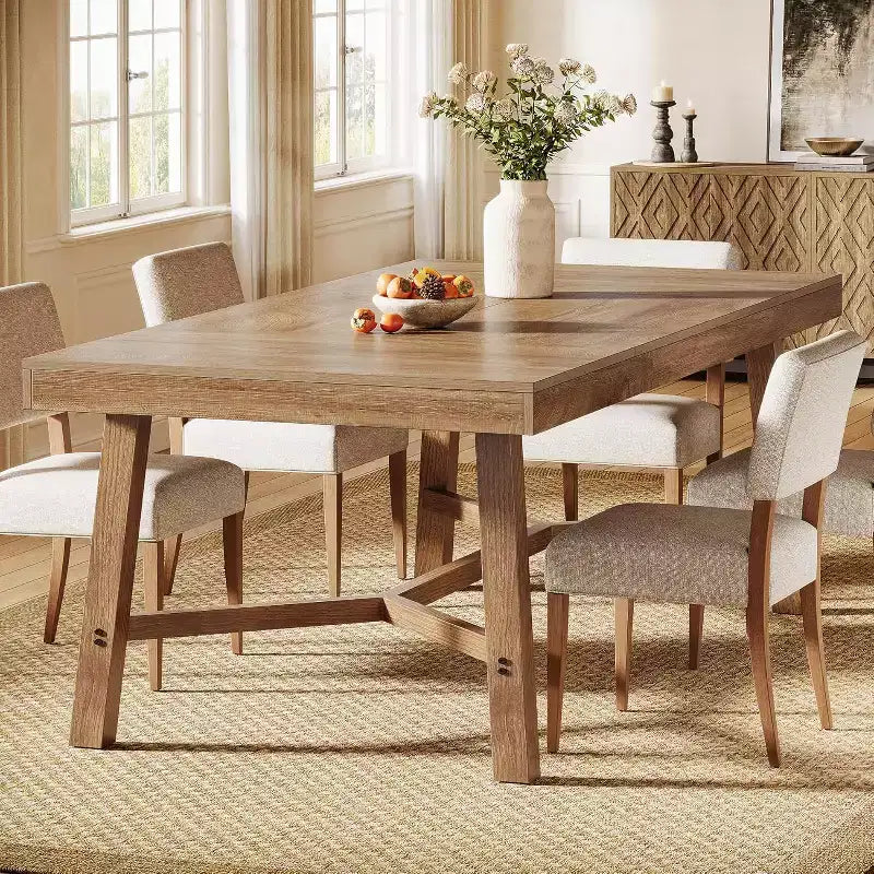 Tavolo da pranzo stile rustico da 70.9 pollici per 6-8 persone, ampio tavolo rettangolare da cucina con gambe rinforzate, naturale