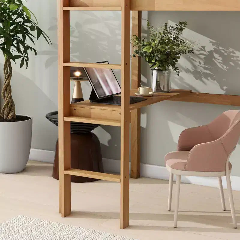 Lit mezzanine minimaliste Okak avec échelle, lit mezzanine pour lit simple en bois d’hévéa avec garde-corps de sécurité et bureau intégré, cadre de lit pour enfants et adolescents