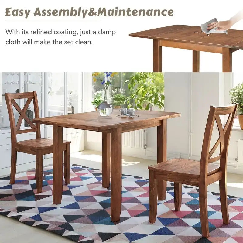 Ensemble de table de petit-déjeuner en bois à abattants, 3 pièces, avec 2 chaises à dossier en X, pour petits espaces