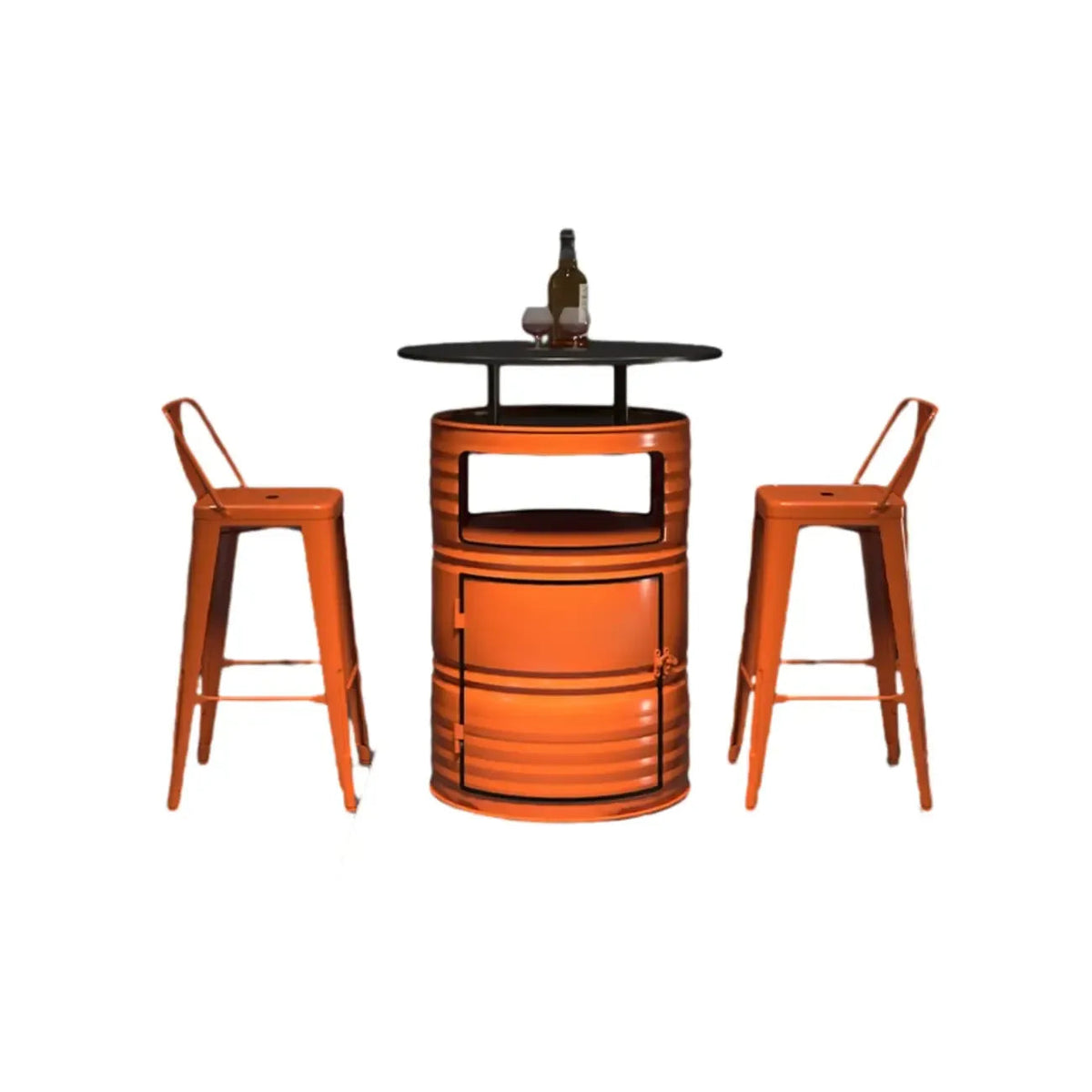 Industrielle schwarze und orangefarbene Metallfass-Tische mit Stauraum