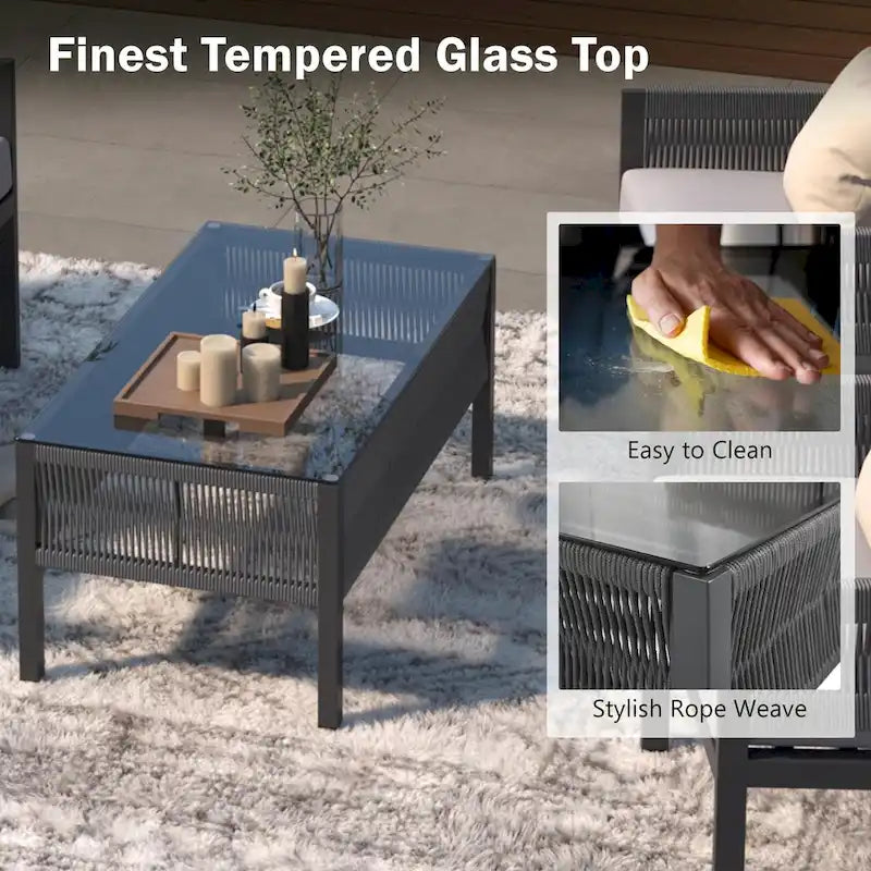 4-delige tuinmeubelset, loungeset voor buiten met tafel van gehard glas, diepe zit en dikke kussens