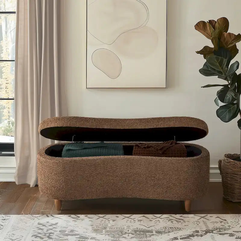INK+IVY Bailey Stauraumbank in Taupe mit Bouclé-Bezug und Klappdeckel
