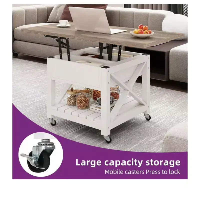 Table basse carrée 3-en-1 à plateau relevable, avec roulettes et tabourets, table à manger multifonction à 2 niveaux avec rangements cachés et ouverts, pour salon et salle à manger