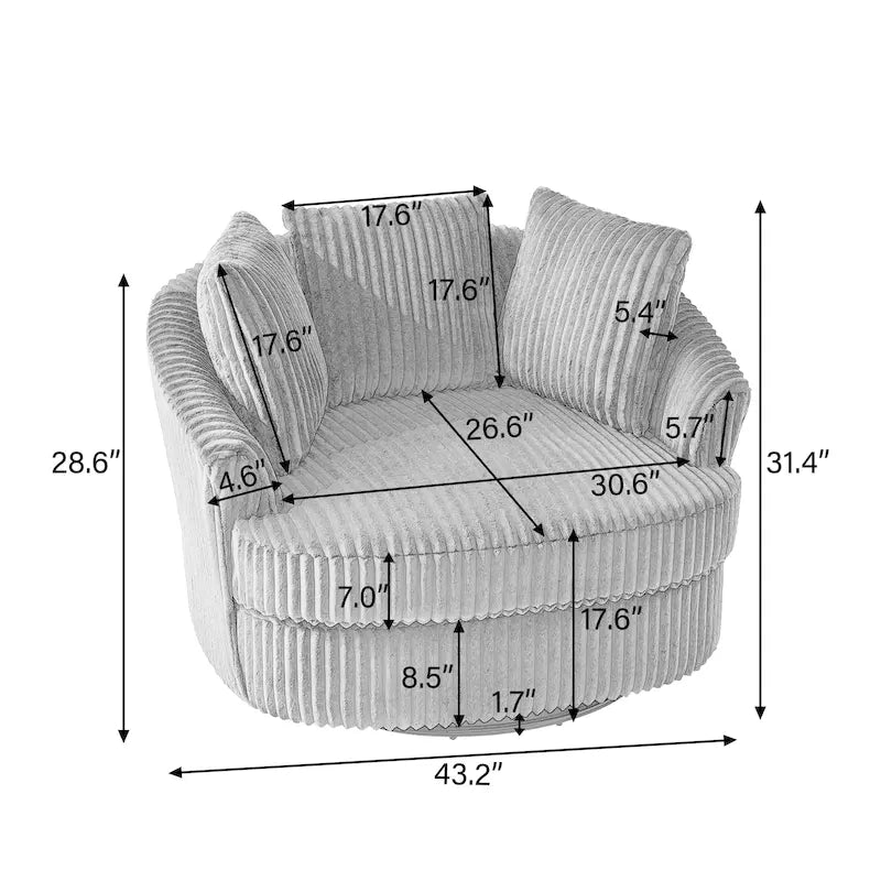 Fauteuil tonneau pivotant surdimensionné en velours côtelé moelleux, accoudoirs rentrés, 43 W