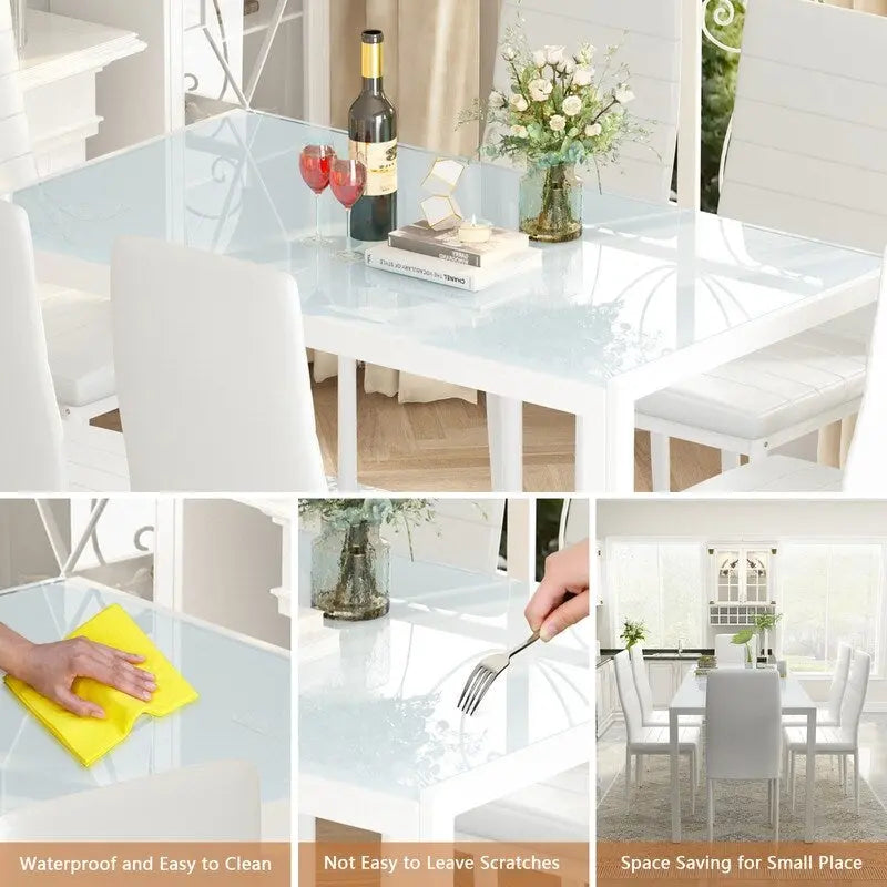 Grondin moderne 7-delige eettafelset met tafelblad van gehard glas en 6 met PU-leer beklede stoelen