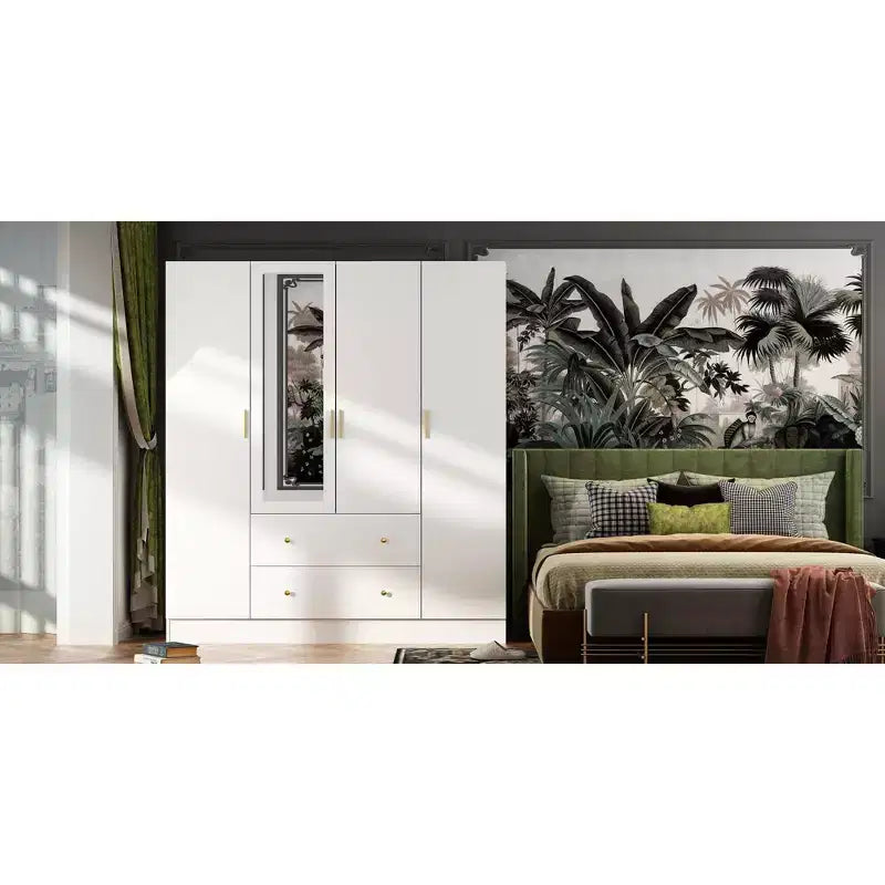 Hitow Kleiderschrank mit 2 großen Schubladen, mittigem Hängbereich und Spiegel, minimalistischer Stil