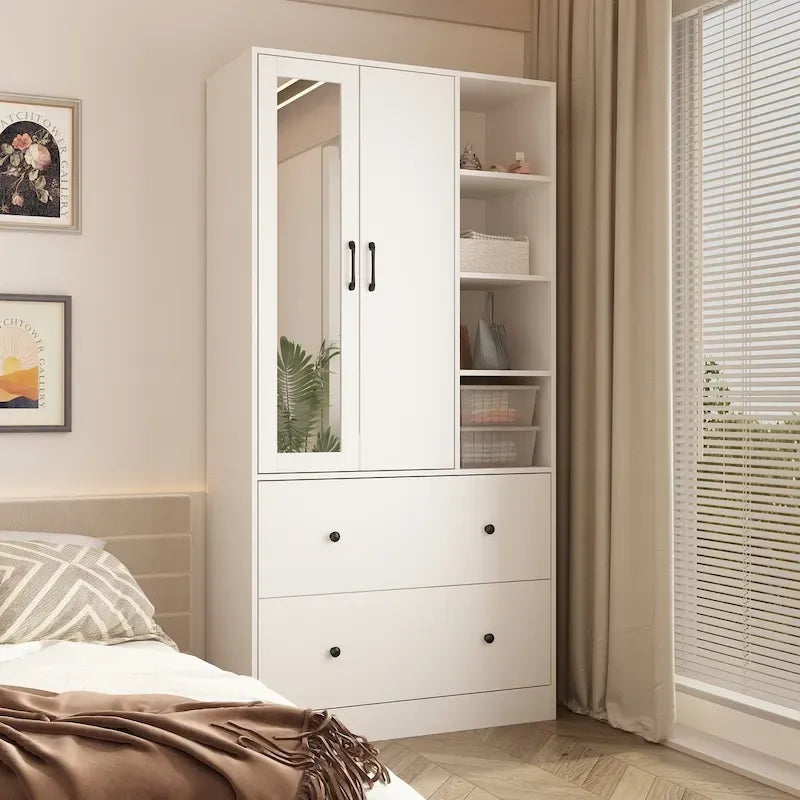 Kleiderschrank mit Spiegel und verstellbarem Kleiderstangenbereich, platzsparend