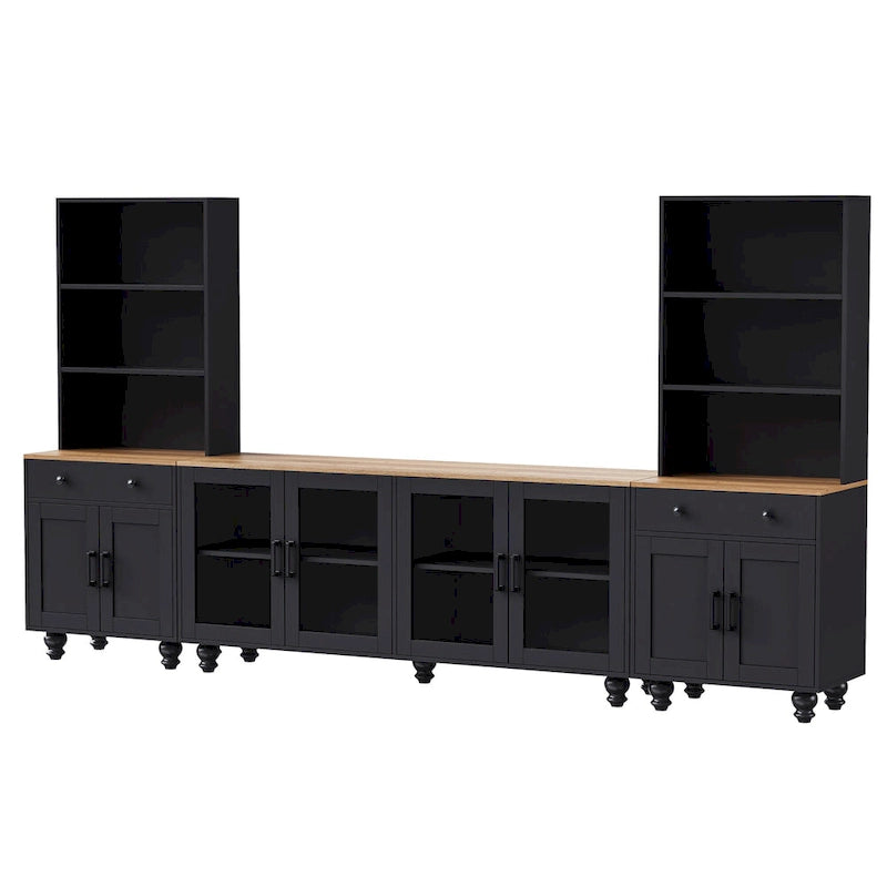Zwart + donker walnootkleurig tv-meubel in landelijke stijl met boekenkasten en deuren van gehard glas voor tv's tot 70
