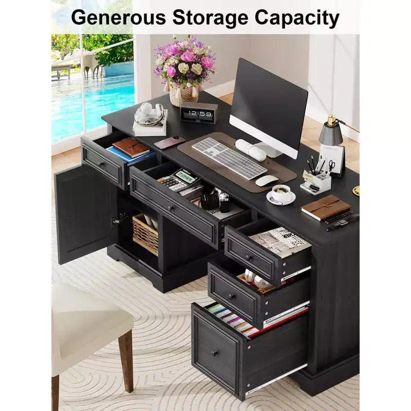 Dyonery 60-Zoll-Schreibtisch im Landhausstil mit Schubladen und Aktenschrank, Schreibtisch aus Holz mit geprägter Struktur fürs Homeoffice, Schwarz/Braun/Weiß und Braun