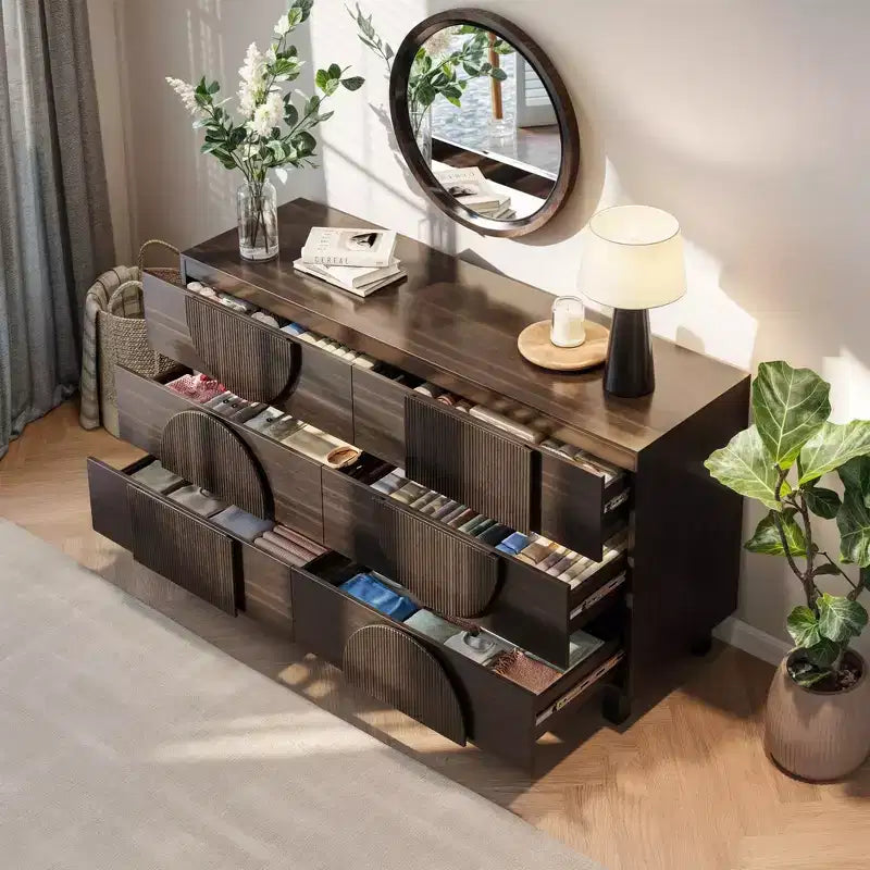 Moderne geometrische Kommode mit 6 Schubladen, breiter Stauraumschrank mit Halbkreismuster für Schlafzimmer und Wohnzimmer