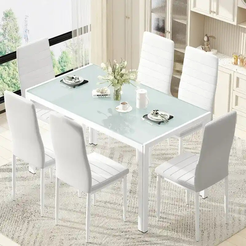 Grondin moderne 7-delige eettafelset met tafelblad van gehard glas en 6 met PU-leer beklede stoelen