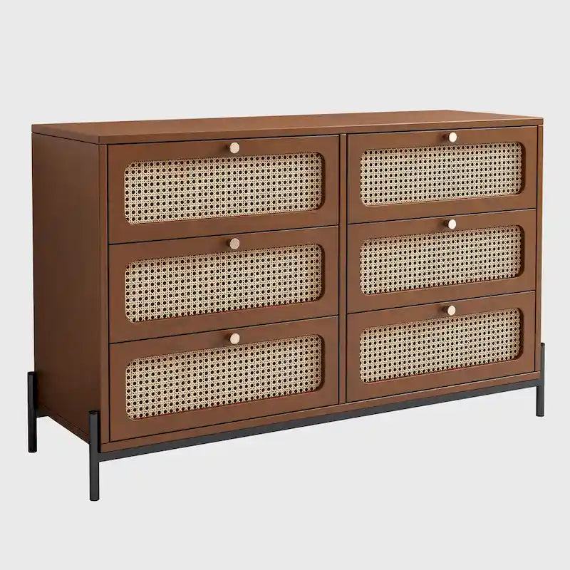 Moderne Kommode aus Holz und Rattan im Cannage-Stil mit 6 Schubladen